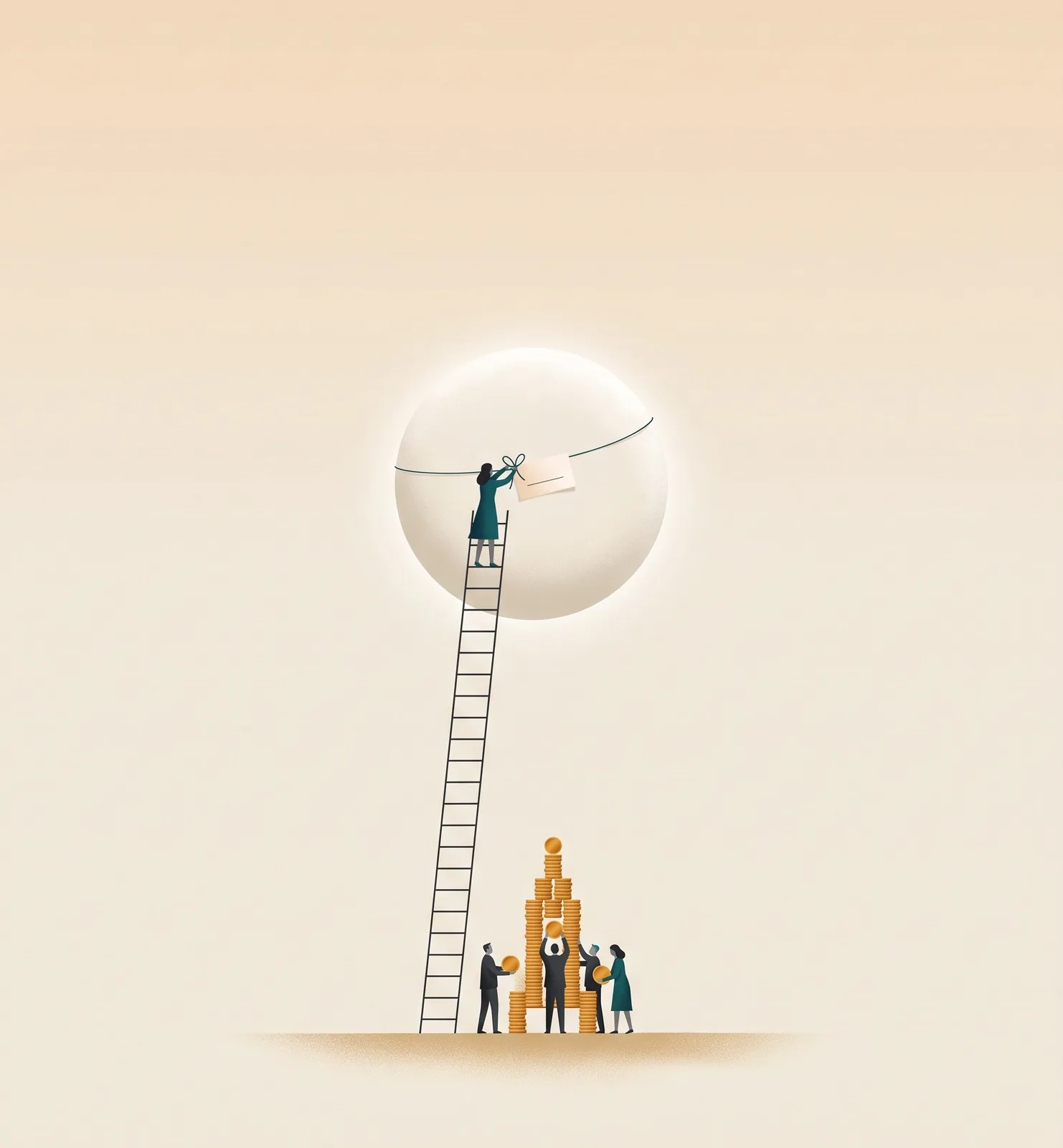 A small figure on a tall ladder ties a paper tag to a pale moon. At the foot, people stack gold coins.