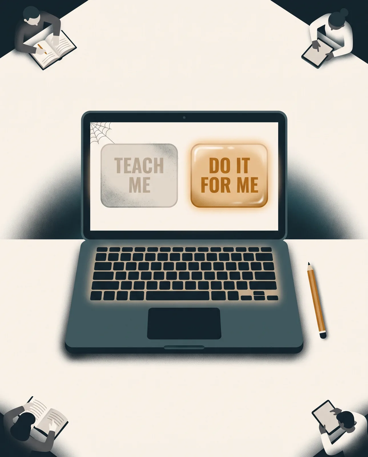 A laptop screen showing two buttons, TEACH ME and DO IT FOR ME, with four students seen from above in the corners.