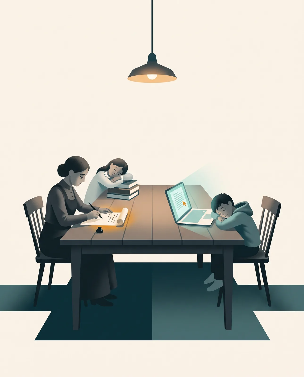 A long table under one lamp. On the left a woman in old-fashioned dress writes by hand while a child sleeps on a pile of books. On the right a boy sleeps beside a glowing laptop.