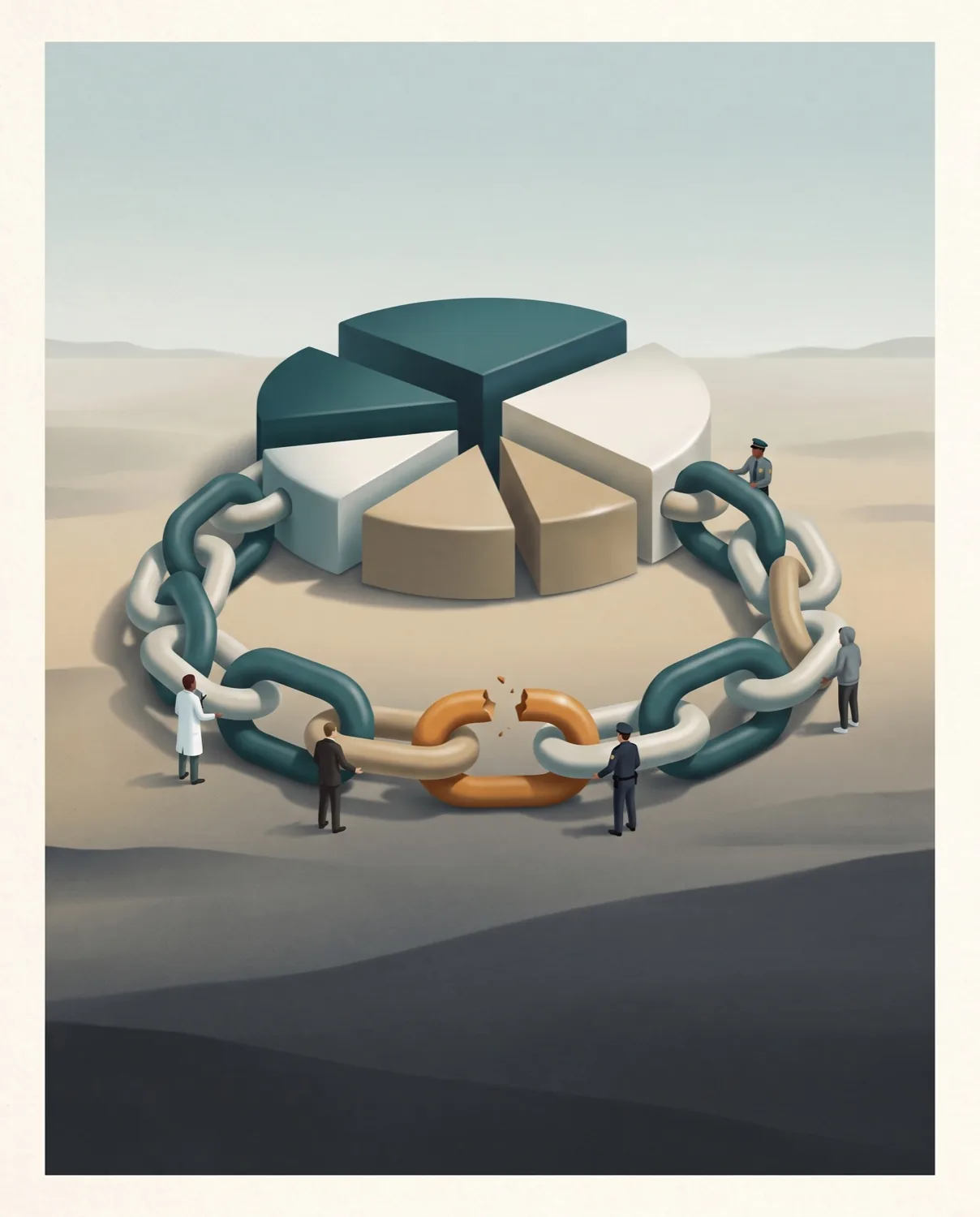 A pie chart made of solid slices sits inside a ring of heavy chain links. Small figures tend the chain, and one orange link is cracked.