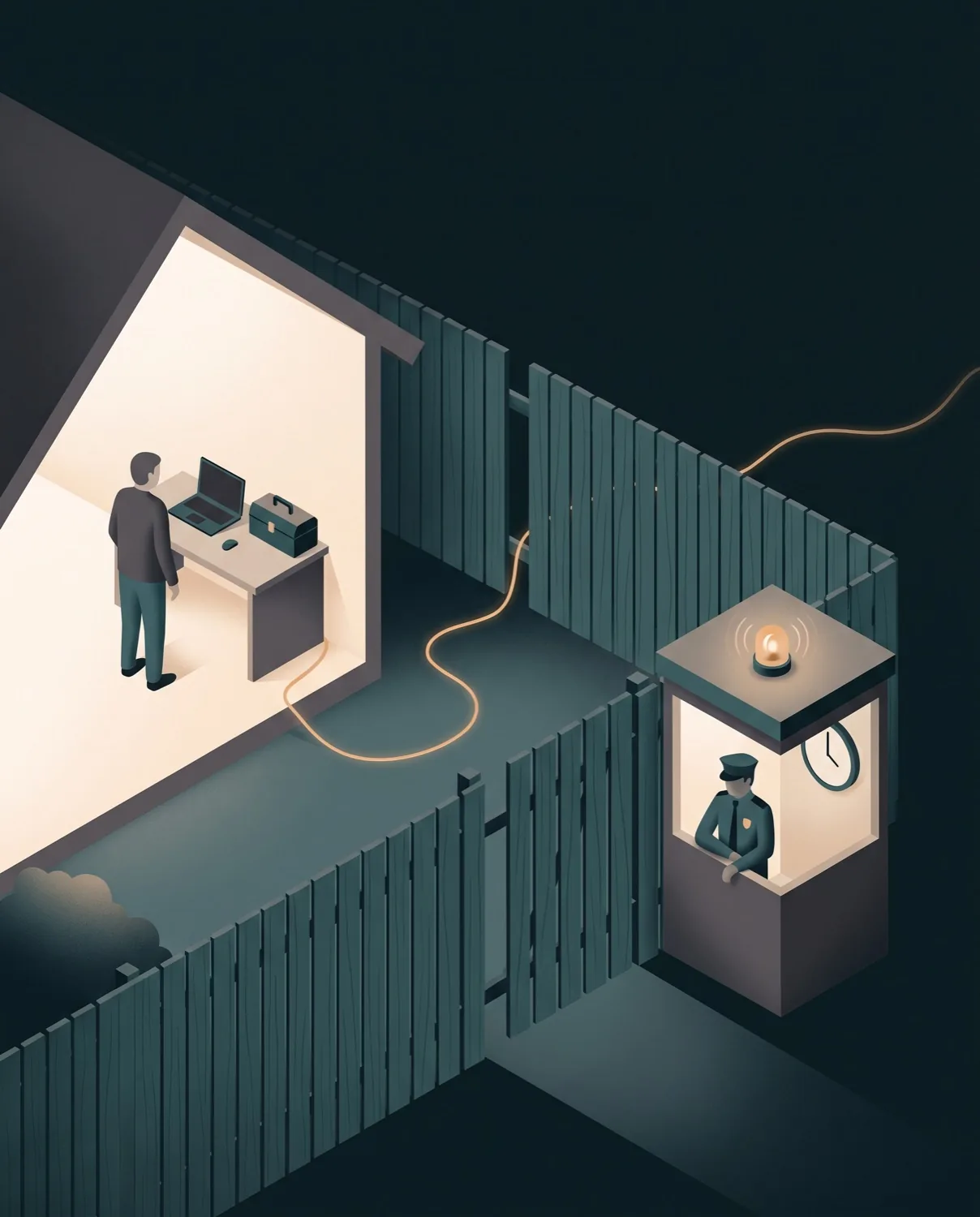 A cutaway at night. A man works at a laptop inside a lit room, a fence with a gap runs past it, and an orange cable leaves through the gap. A guard in a booth, with a clock and an alarm light, watches.
