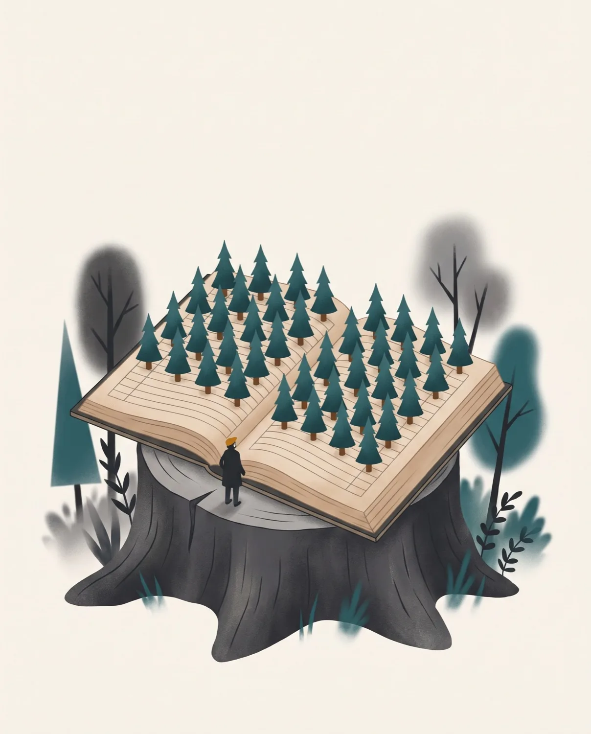 A giant open account book lies on a tree stump. Neat rows of small spruce grow from its pages, and a tiny figure stands beside them.